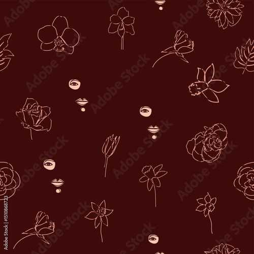 Female portrait Outline woman face, abstract flowers leaves, line continuous drawing vector seamless pattern.