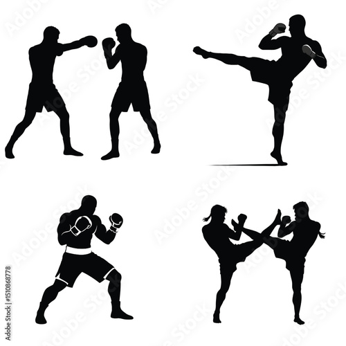 Martial arts and boxing action silhouettes