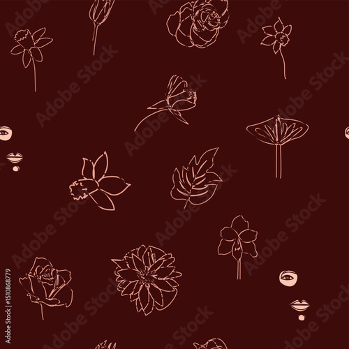 Female portrait Outline woman face, abstract flowers leaves, line continuous drawing vector seamless pattern.