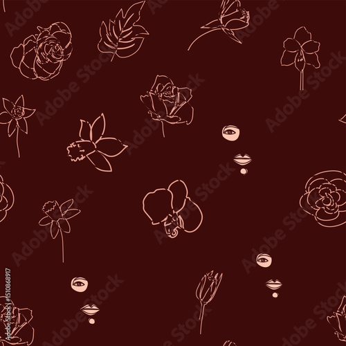 Female portrait Outline woman face, abstract flowers leaves, line continuous drawing vector seamless pattern.