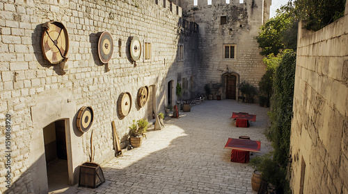 Courtyard with Stone Walls, Decorative Shields, and Red Tables