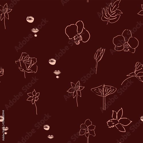 Female portrait Outline woman face, abstract flowers leaves, line continuous drawing vector seamless pattern.