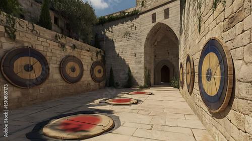 Ancient Courtyard with Archway and Decorative Shields