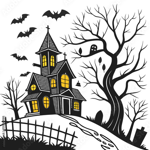 Set of silhouettes for halloween gloomy house, sinister trees, fences, graves, skulls, pumpkins and bats. Vector illustration