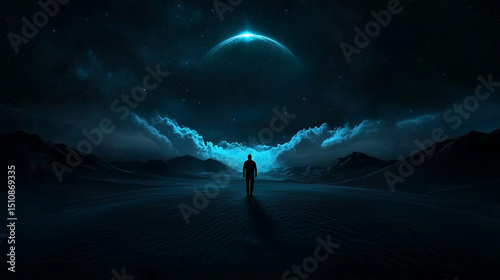 the silhouette of a man in the middle of a desert landscape at night.