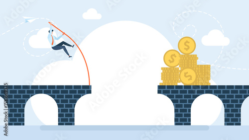 Businessman doing pole vaulting for jumping the goal. A man jumps over an abyss to achieve wealth. Business concept. Businessman pole vaulting over to money. Vector illustration