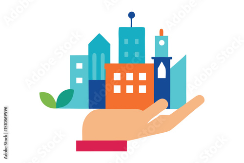 Minimalist 4K Vector of Hand Holding Miniature Cities & People Icons – Symbol of Overpopulation & Responsibility.