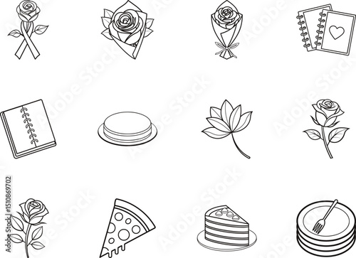 Several outline art elements like roses, cake, pizza, plates, and notebooks are visible here