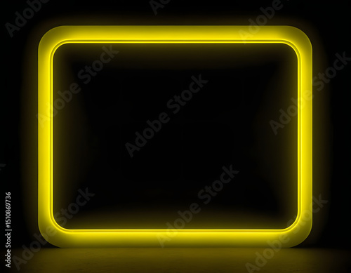 neon yellow square frame  with free space between and with rounded edges dimly glowing with light on dark background, copy space, empty yellow neon frame on black background