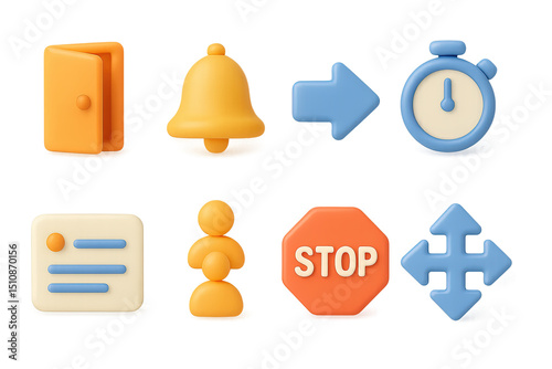 3D Smooth Transition Icons. 3D icon set of smooth transitions: open door, bell, directional arrow, timer, cue card, line-up icon,