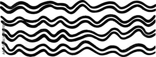 Horizontal wavy lines are arranged in a parallel pattern, wavy black and white seamless pattern with waves in a row on white background. Abstract endless texture with hand drawn curved smooth lines.