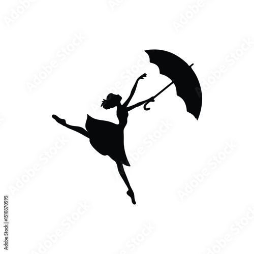 black silhouette of ballerina dancing with umbrella isolated on white background