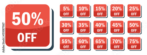 Red discount labels with percentage off tags from 5% to 75%, perfect for marketing, sales promotions, ecommerce banners, and retail store advertisements