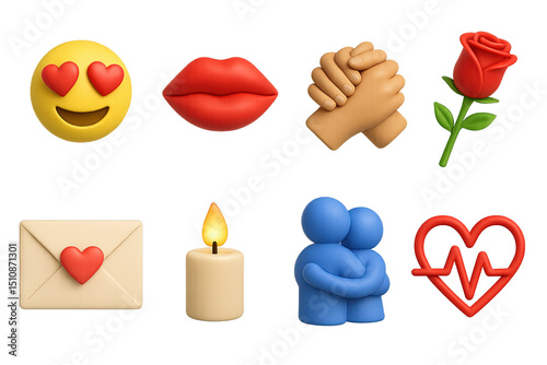 Romantic 3D Icon Set. 3D icon set of romantic affection signals: heart eyes, kissing lips, intertwined hands, rose stem, love