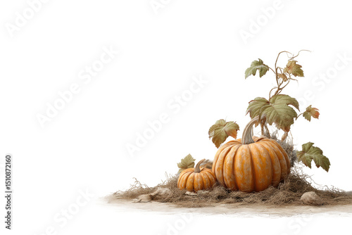 PNG Autumn harvest: pumpkins and vines on earthy ground