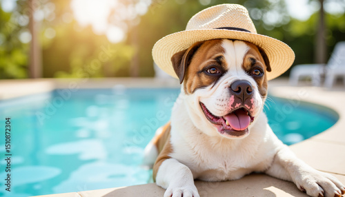 Happy dog wearing a hat relaxing by the pool in sunny weather, copy space 