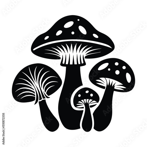 Mushroom silhouette, Black and White Mushrooms vector, hand drawn edible mushrooms silhouette illustration, Silhouette Illustration of a Mushroom
