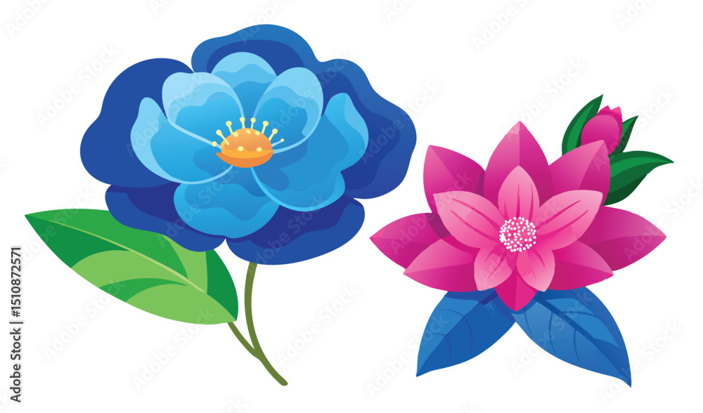 Fototapeta premium Vibrant blue and pink flowers with green leaves