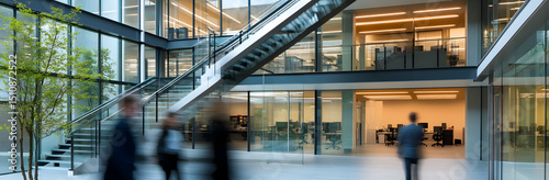 A blurred photograph of business people walking up and down the stairs in an office building made of glass with steel frames. Blurred motion