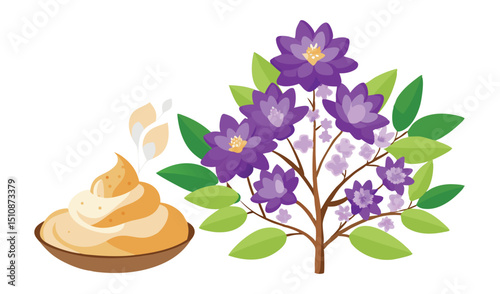 Purple flowers and creamy yellow bowl of substance