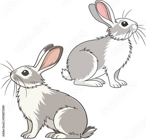 An illustration of two rabbits sitting down. Both have gray and white fur, large pink-tinged ears, and fluffy tails. One rabbit faces forward, the other to the side, each with a small face, black eyes