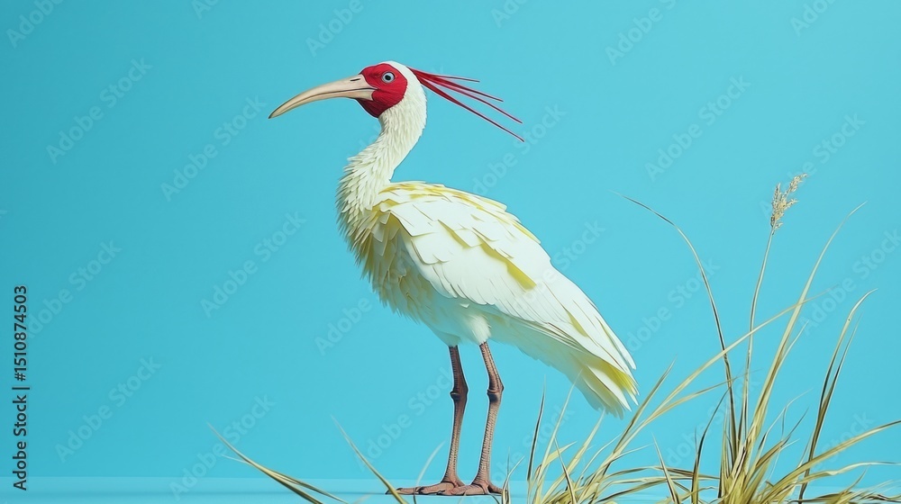 Obraz premium Elegant White Bird with Red Accent on Vibrant Blue Background and Grass Detail