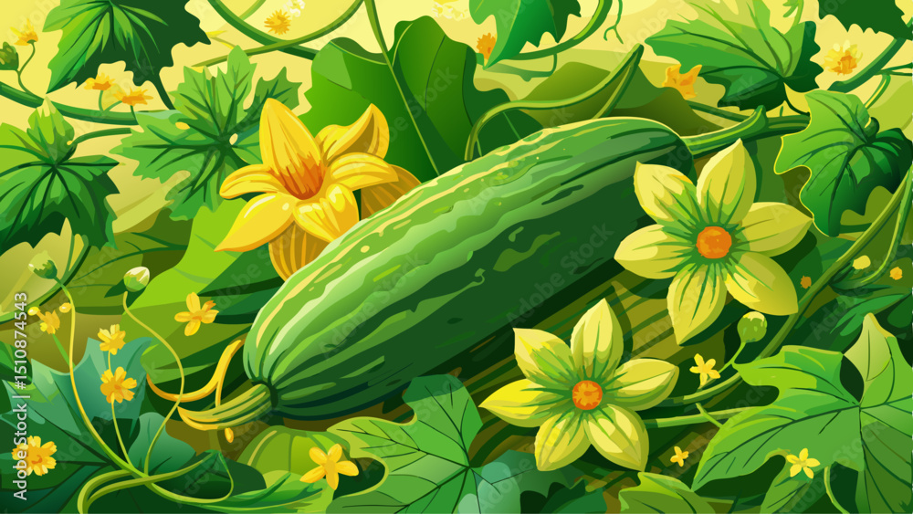 A freshly harvested green cucumber lies nestled among vibrant yellow flowers and lush green leaves. The crisp texture of the cucumber contrasts beautifully with the delicate petals, all basking in nat