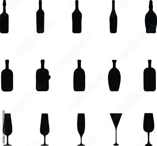Silhouette Wine and Cocktail Glasses & Bottles Icon Set