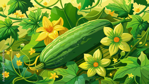 A freshly harvested green cucumber lies nestled among vibrant yellow flowers and lush green leaves. The crisp texture of the cucumber contrasts beautifully with the delicate petals, all basking in nat