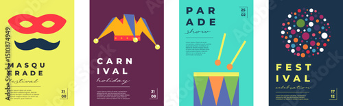 Colorful carnival poster set. Playful geometric festive mask and vibrant parade elements. Brazilian party vibe with drum, confetti and fireworks. Fun masquerade event celebration vector design