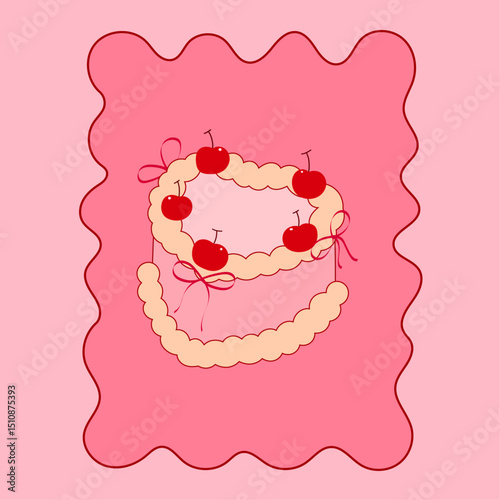 vintage cake topped with cherry and ribbon bow, retro dessert poster for bakery and patisserie branding