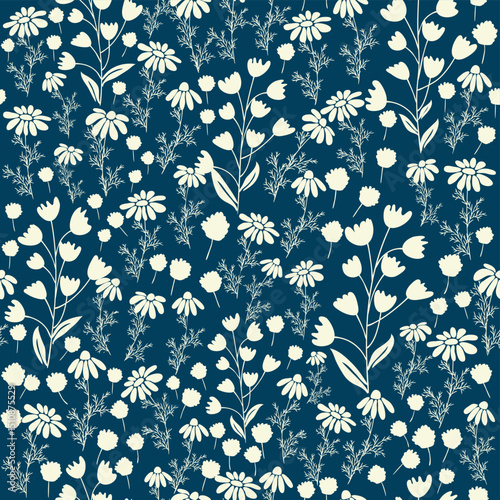 Bicolor contour silhouette seamless pattern with poppy flowers and leaves. Abstract floral spring, summer pastel pattern