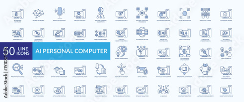 AI personal computer icon collection set with neural network, speech recognition, virtual assistant, gesture recognition, smart notification
