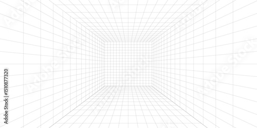 Room projection grid in futuristic 3d style. Outline futuristic grid background, room projection. Wireframe grid template in perspective view. Vector