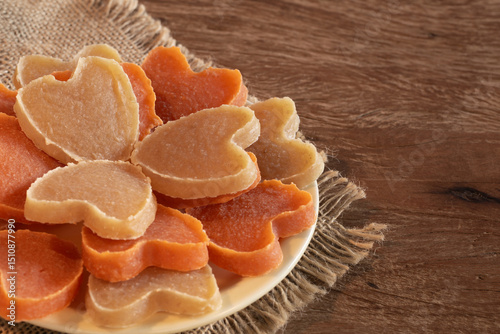 Sweet squash and sweet potato jam tidy on the rustic wooden table. It's Sao Joao's party!