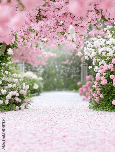 Blossoming garden filled with pink and white flowers creating a tranquil pathway during springtime in a serene outdoor setting