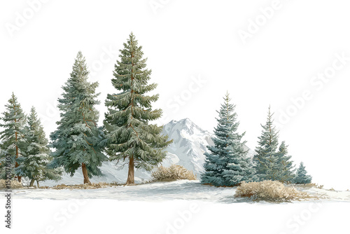 PNG Snowy mountain landscape with pine trees and clear sky