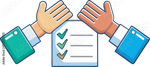 3D Two Hands giving a High Five. Teamwork concept. Successful business meeting or deal. Partners with adocument and check mark. Cartoon creative design icon isolated on a whit background. 3D Rendering