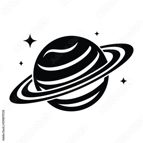 Planet Saturn with planetary ring silhouette., Planet vector, Black and white depiction of a planet with rings, 