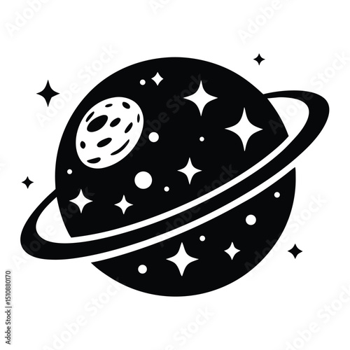Planet Saturn with planetary ring silhouette., Planet vector, Black and white depiction of a planet with rings, 