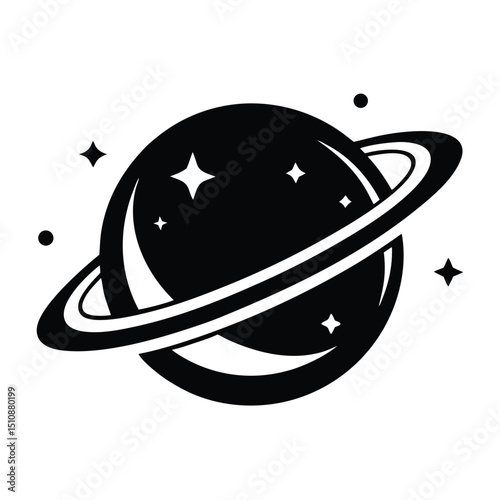 Planet Saturn with planetary ring silhouette., Planet vector, Black and white depiction of a planet with rings, 