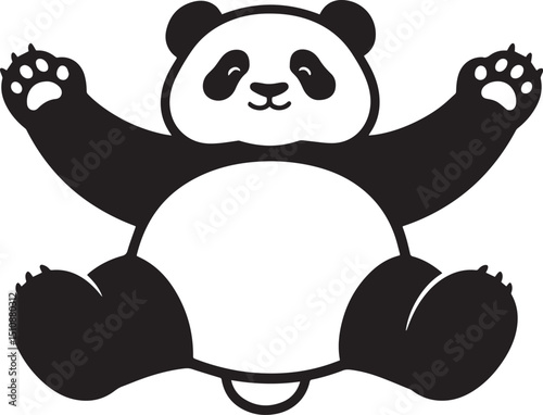 Black and white panda outstretched paws, Friendly panda waving cartoon illustration