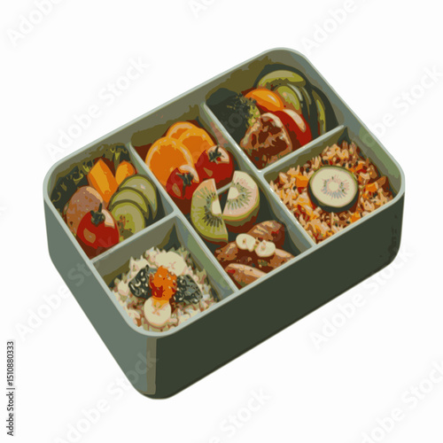 Japanese Bento Box Vector Illustration with Rice, Fish and Vegetables