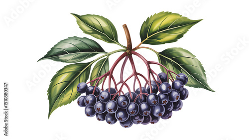 Botanical Illustration of Elderberries Detailed Watercolor Painting of a Branch of Dark Purple Berries and Lush Green Leaves