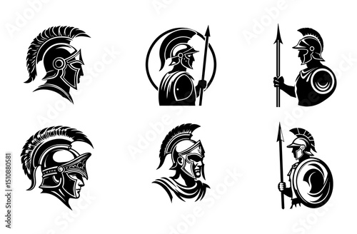 Set of ancient Spartan warriors in helmet and armor with spear and shield in black silhouette style