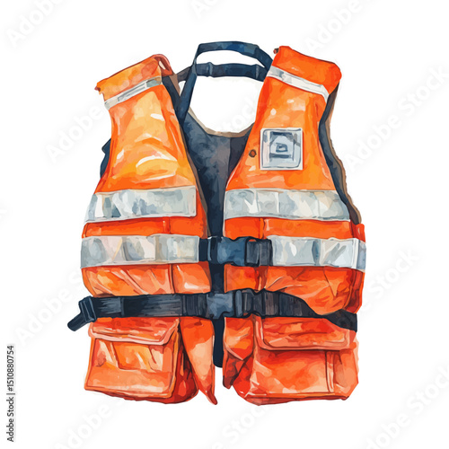 Life Jacket, watercolor drawing vector, high quality, isolated on a white background.