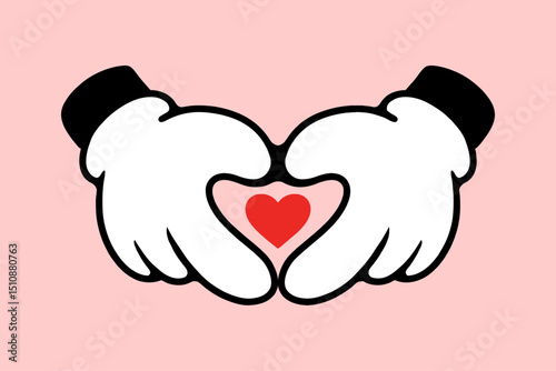 Heartfelt Gestures. An adorable cartoon hand forms a heart shape around a tiny red heart, against a soft pink background, this charming illustration epitomizes the spirit of love and affection.