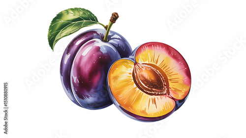 Vibrant Watercolor Illustration of a Plum Juicy, Ripe, and Ready to Eat