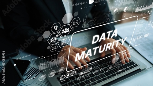 Schilderij op canvas Business Professional Analyzing Data Maturity Metrics with Digital Graphs on Laptop in Modern Office Environment