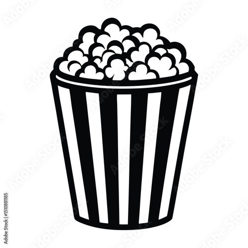 popcorn silhouette, icon vector, black and white Popcorn Bucket with Fluffy snacks, art illustration, Silhouette of popcorn, Black and white striped popcorn container